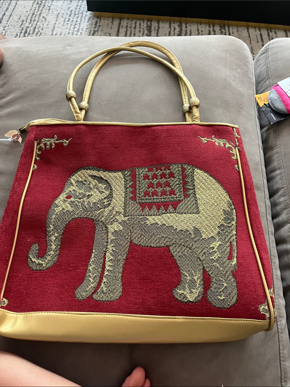 Red Canvas Tote Bag with Gold Elephant Accent